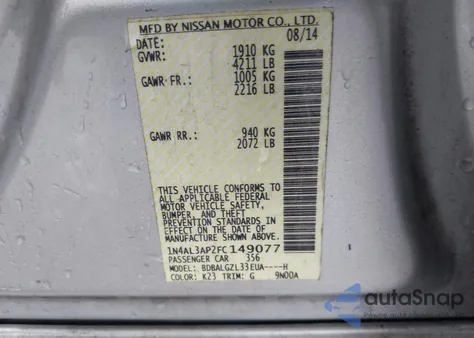 2015 Nissan Altima 2.5 S из США, поврежденный, VIN 1N4AL3AP2FC149077